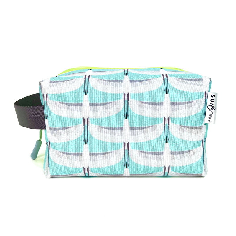 Captivating Cranes in Blue + Grey, Water-Resistant Boxy Toiletry Bag