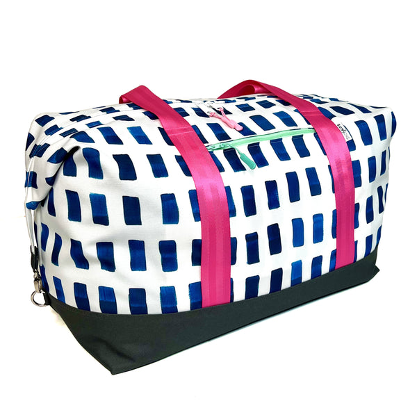 Painted Dashes in Blue + White, Water-Resistant Weekender Tote