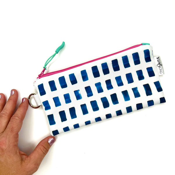 Painted Dashes in Blue + White, Recycled Pencil Case
