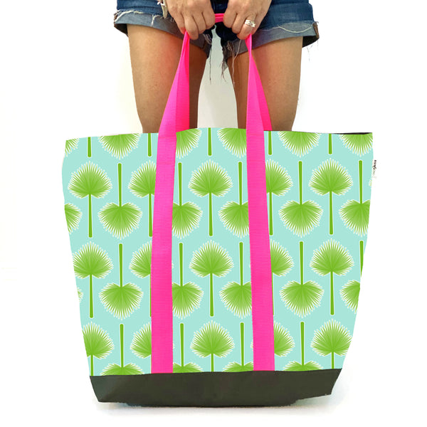 Palmetto Leaves in Green + Blue, Water-Resistant XL Beach Tote