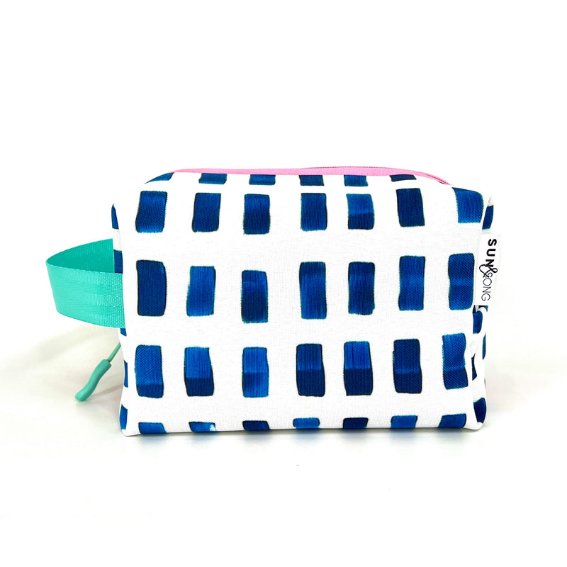 Painted Dashes in Blue + White, Water-Resistant Boxy Toiletry Bag