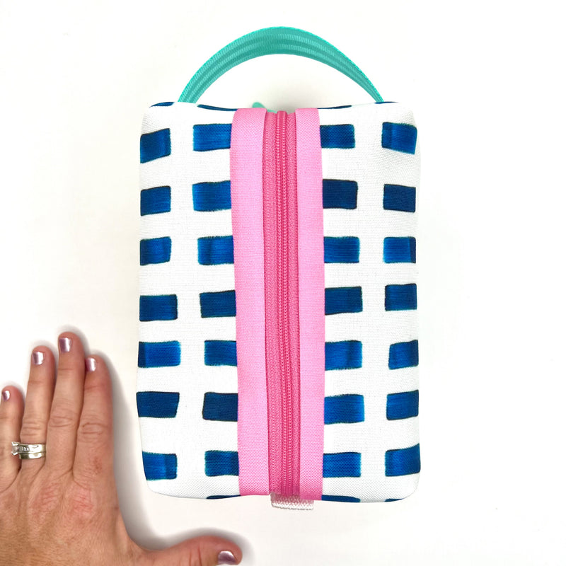 Painted Dashes in Blue + White, Water-Resistant Boxy Toiletry Bag