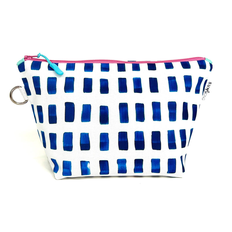 Painted Dashes in Blue + White, Water-Resistant Makeup Bag