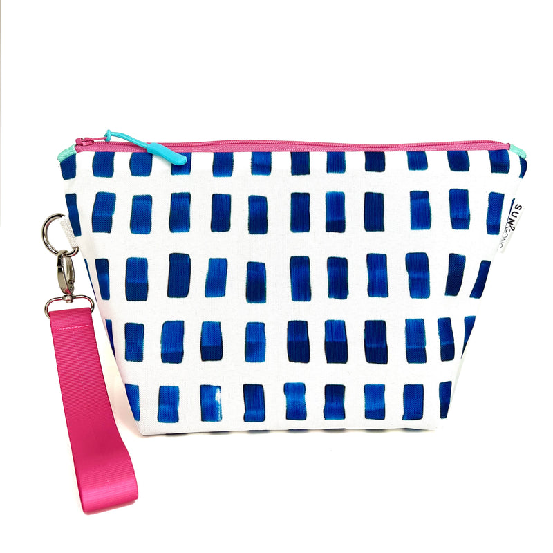 Painted Dashes in Blue + White, Water-Resistant Makeup Bag