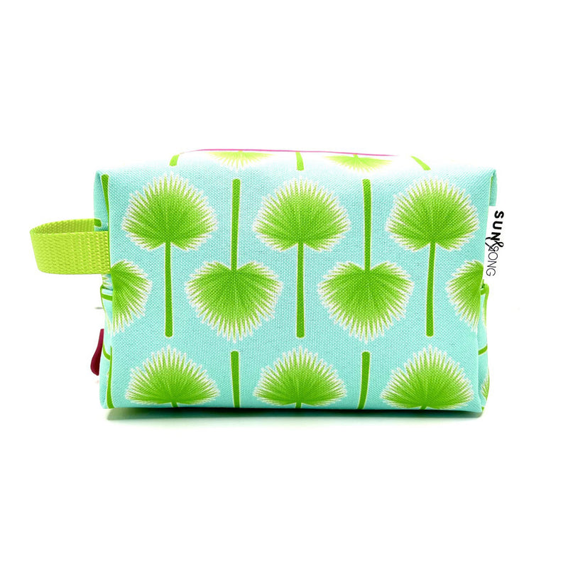 Palmetto Leaves in Green + Blue, Water-Resistant Boxy Toiletry Bag
