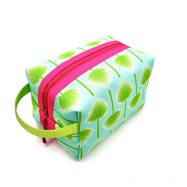 Palmetto Leaves in Green + Blue, Water-Resistant Boxy Toiletry Bag