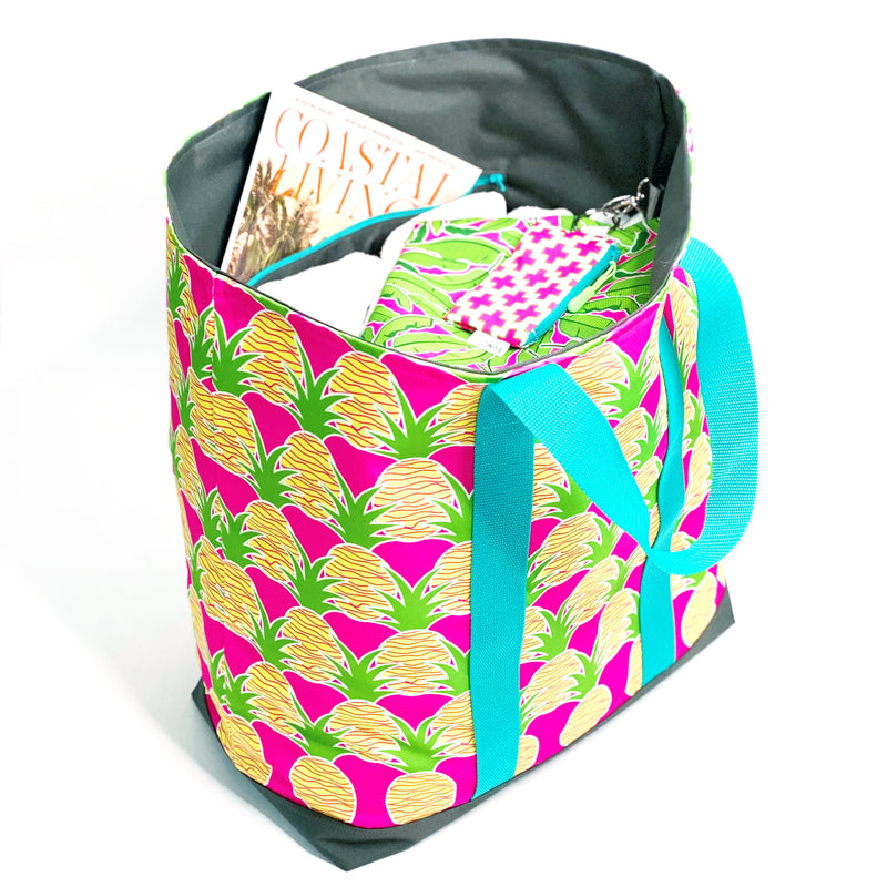 Aloha Pineapples in Pink + Yellow, Water-Resistant XL Beach Tote