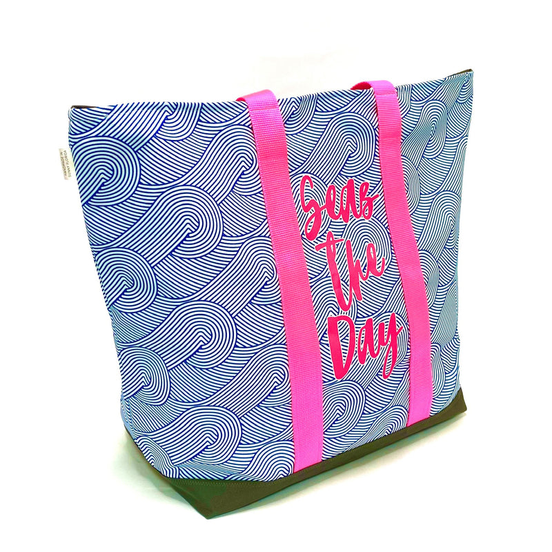 Seas The Day in Blue + Pink, Water-Resistant XL Beach Tote