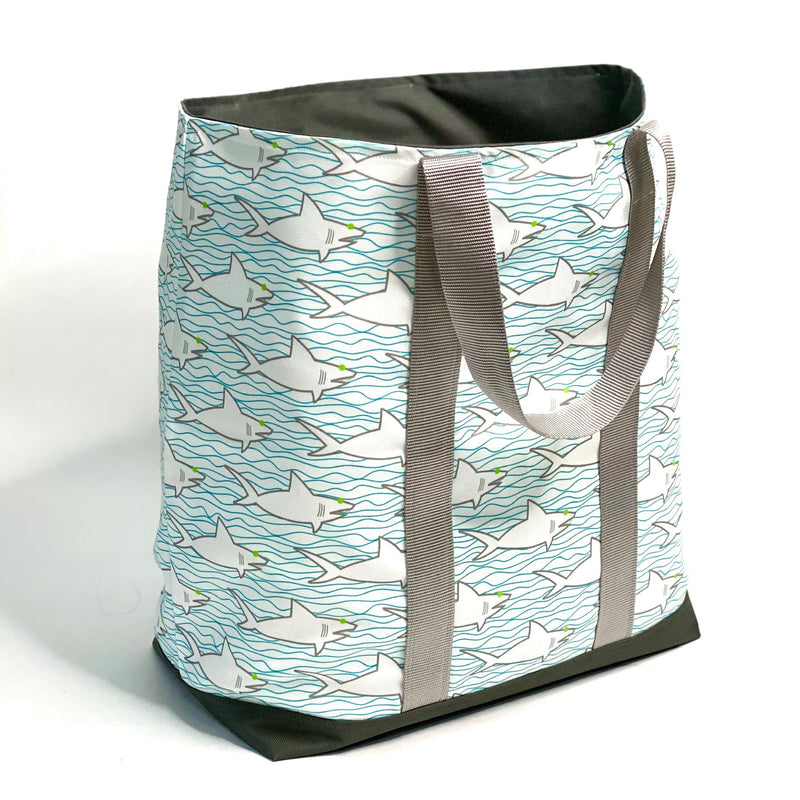 Sharks And Waves in Blue + Grey, Water-Resistant XL Beach Tote