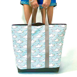 Sharks And Waves in Blue + Grey, Water-Resistant XL Beach Tote