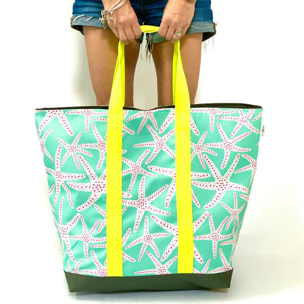 Starfish Social in Blue + Pink, Water-Resistant XL Beach Tote