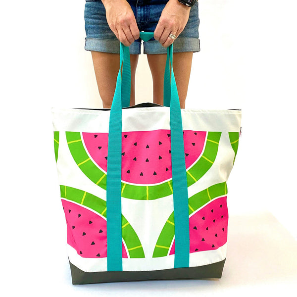 Wild Watermelons in Pink + Green, Water-Resistant XL Beach Tote