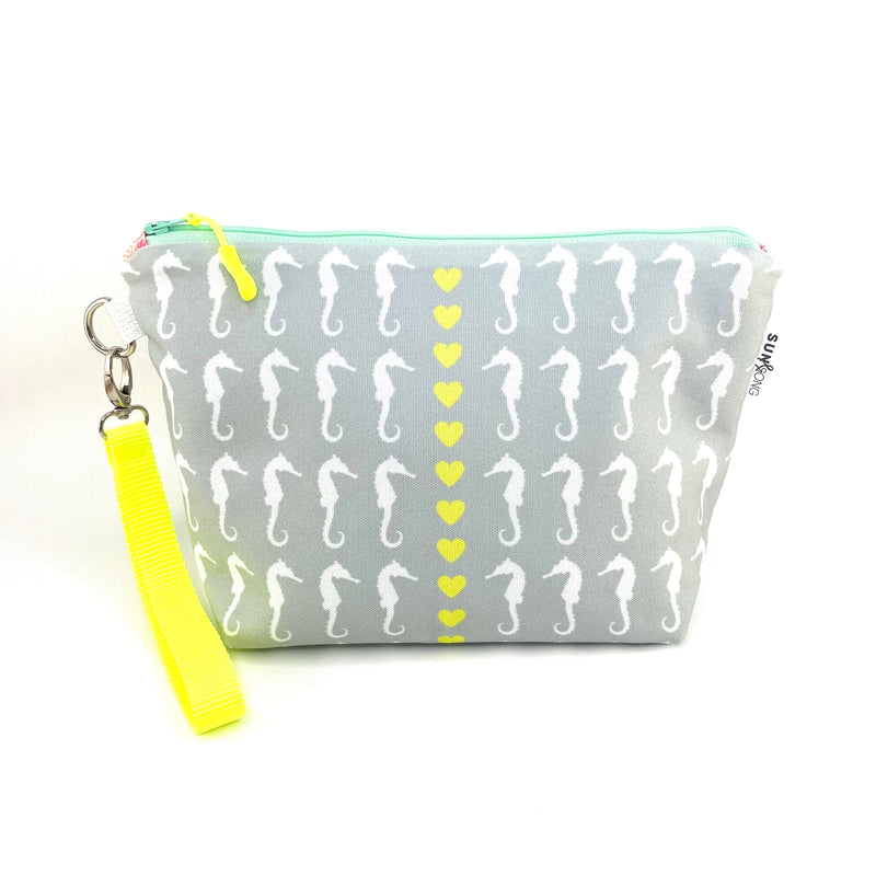 Sea Of Seahorses in Grey + Yellow, Water-Resistant Makeup Bag