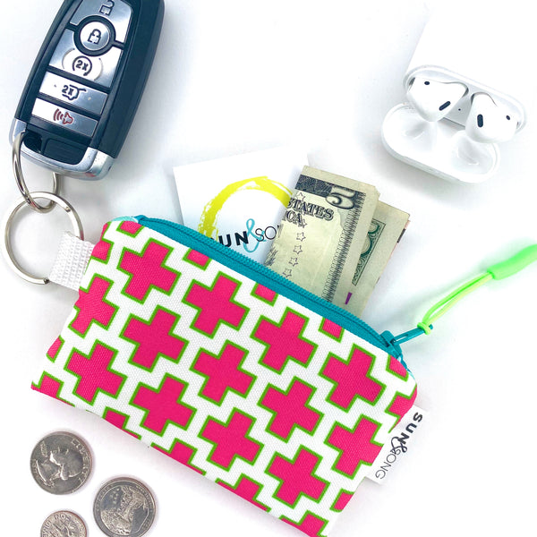 Preppy Plus Signs in Pink +Green, Keychain Mini Zip Pouch