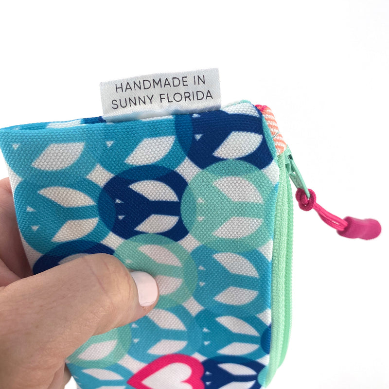 Peace And Love in Blue + Pink, Keychain Mini Zip Pouch