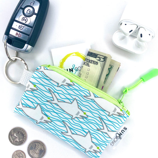 Sharks And Waves in Blue + Grey, Keychain Mini Zip Pouch