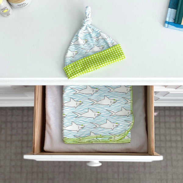 Sharks + Waves Organic Cotton Knit Swaddle Blanket & Hat Set