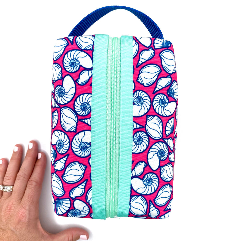 Sacred Seashells in Pink + Blue, Water-Resistant Boxy Toiletry Bag
