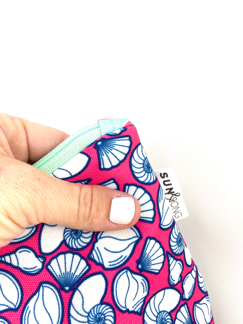 Sacred Seashells in Pink + Blue, Water-Resistant Makeup Bag