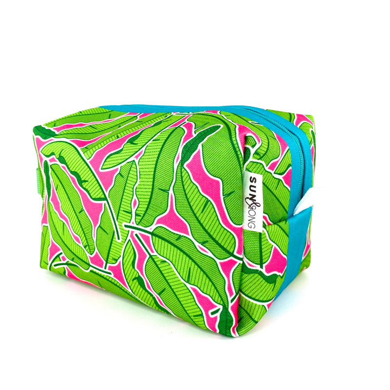 Banana Leaves in Green + Pink, Water-Resistant Boxy Toiletry Bag