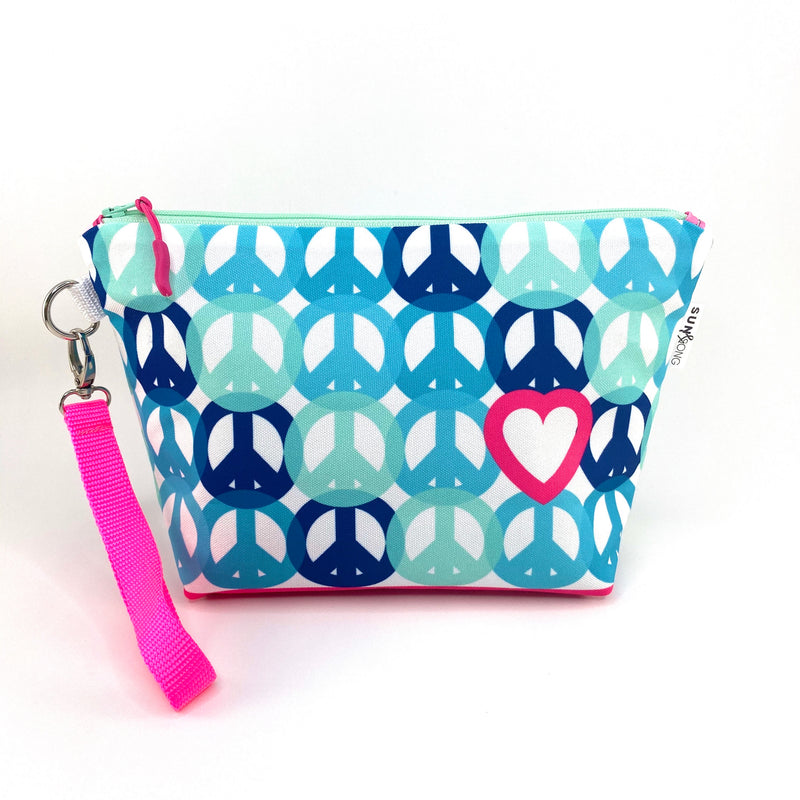 Peace And Love in Blue + Pink, Water-Resistant Makeup Bag