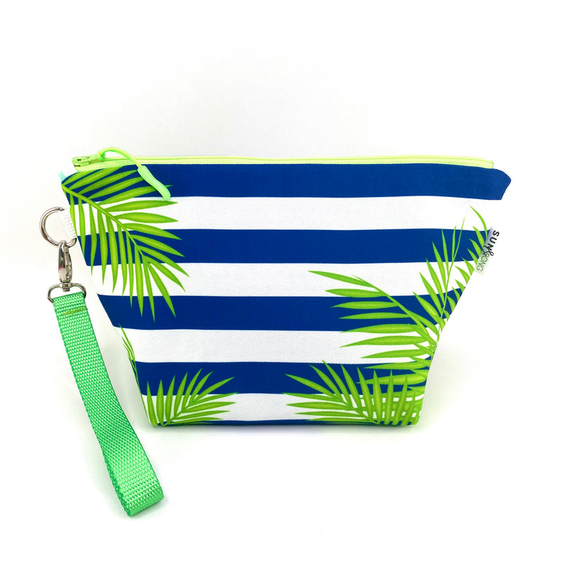 Palm Fronds And Stripes in Blue + Green, Water-Resistant Makeup Bag