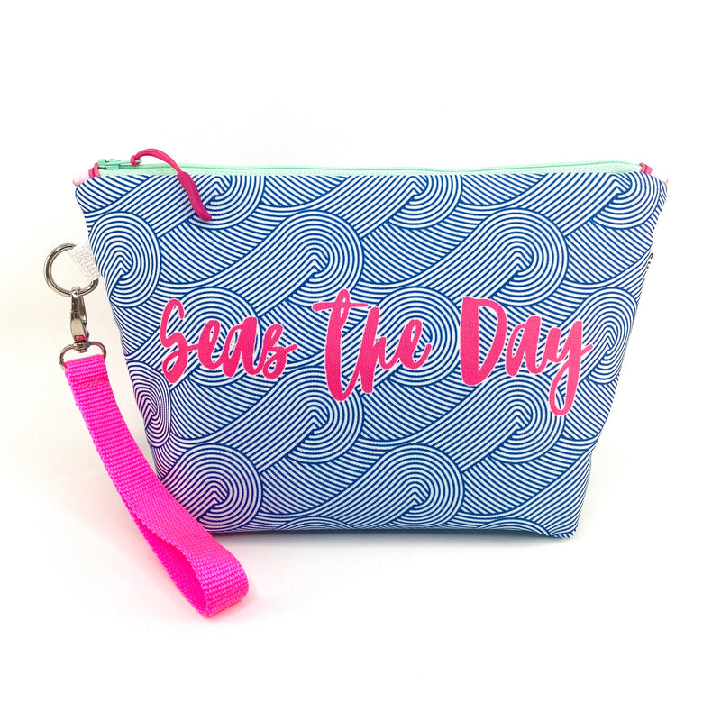 Seas The Day in Blue + Pink, Water-Resistant Makeup Bag