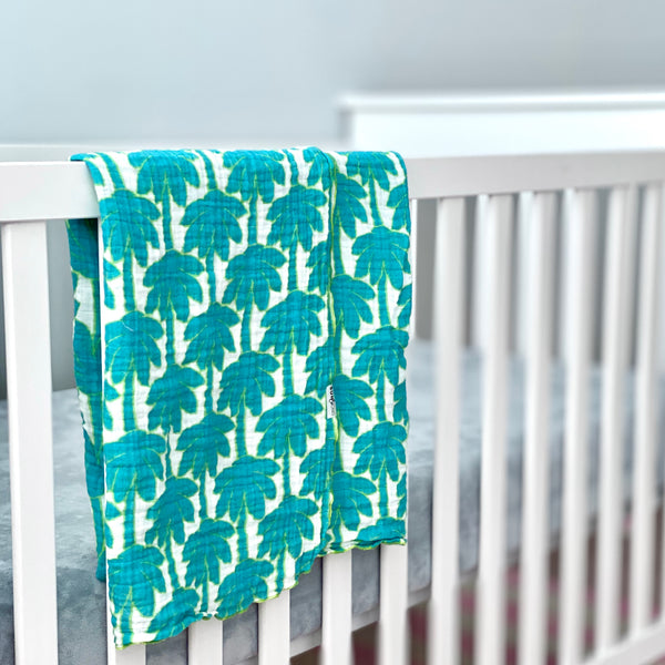 Turquoise Palm Trees Organic Cotton Muslin Baby Blanket