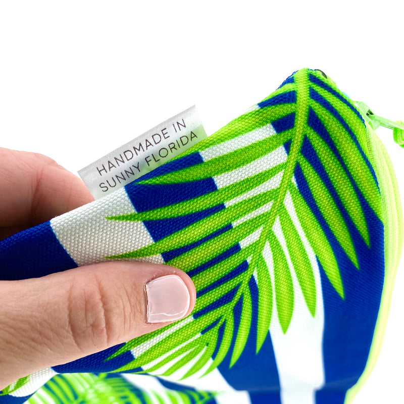 Palm Fronds And Stripes in Blue + Green, Water-Resistant Wet Bag