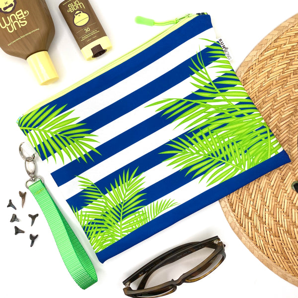 Palm Fronds And Stripes in Blue + Green, Water-Resistant Wet Bag