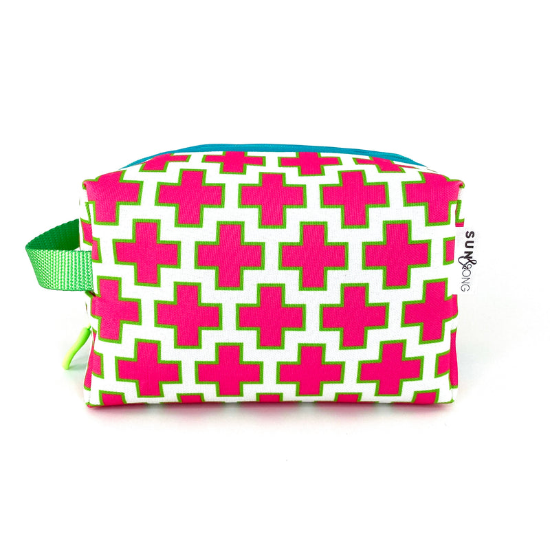 Preppy Plus Signs in Pink + Green, Water-Resistant Boxy Toiletry Bag