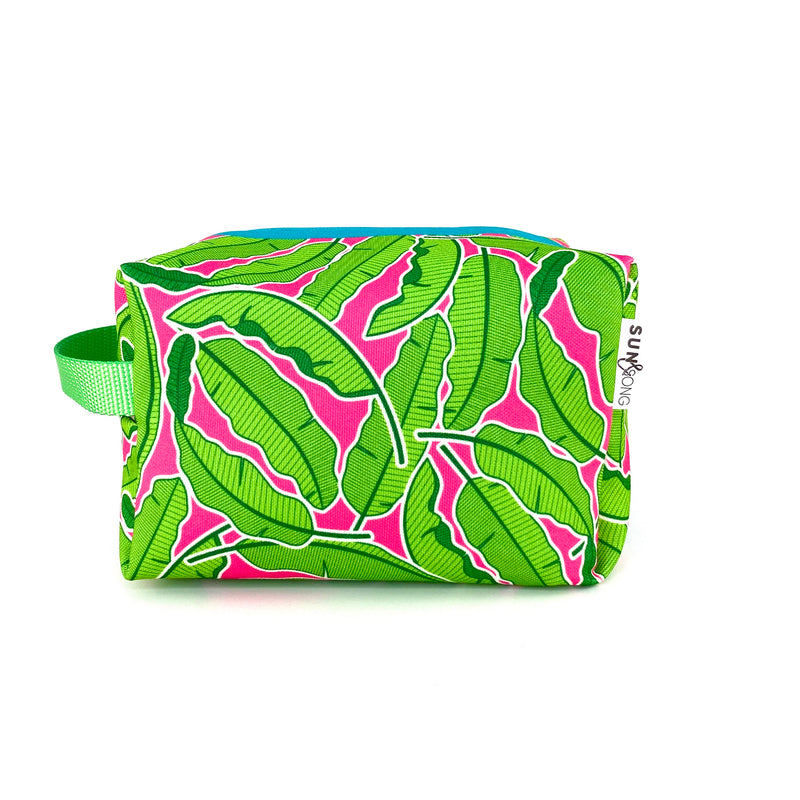 Banana Leaves in Green + Pink, Water-Resistant Boxy Toiletry Bag