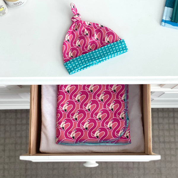 Pink Flamingo Organic Cotton Knit Swaddle Blanket & Hat Set