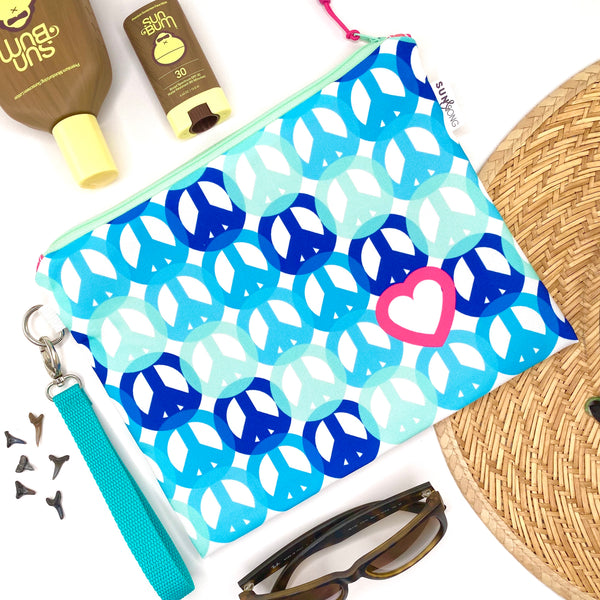 Peace And Love in Blue + Pink, Water-Resistant Wet Bag