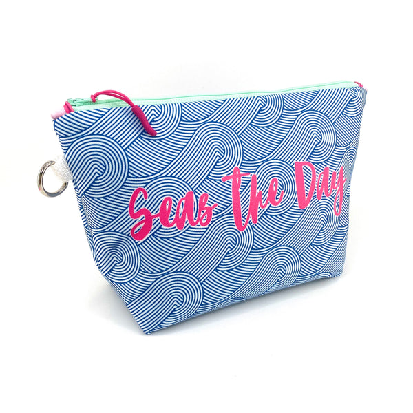 Seas The Day in Blue + Pink, Water-Resistant Makeup Bag