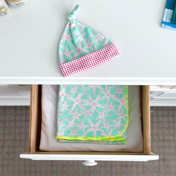 Aqua Starfish Organic Cotton Knit Swaddle Blanket & Hat Set