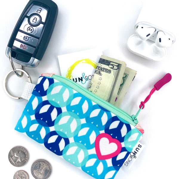 Peace And Love in Blue + Pink, Keychain Mini Zip Pouch
