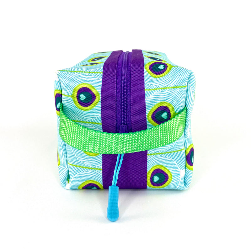 Peacock Feathers in Blue + Green, Water-Resistant Boxy Toiletry Bag