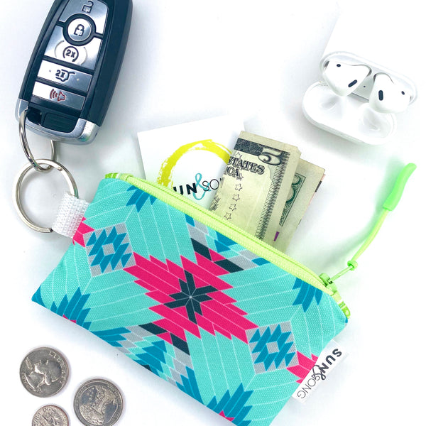 Alluring Aztec in Blue + Pink, Keychain Mini Zip Pouch