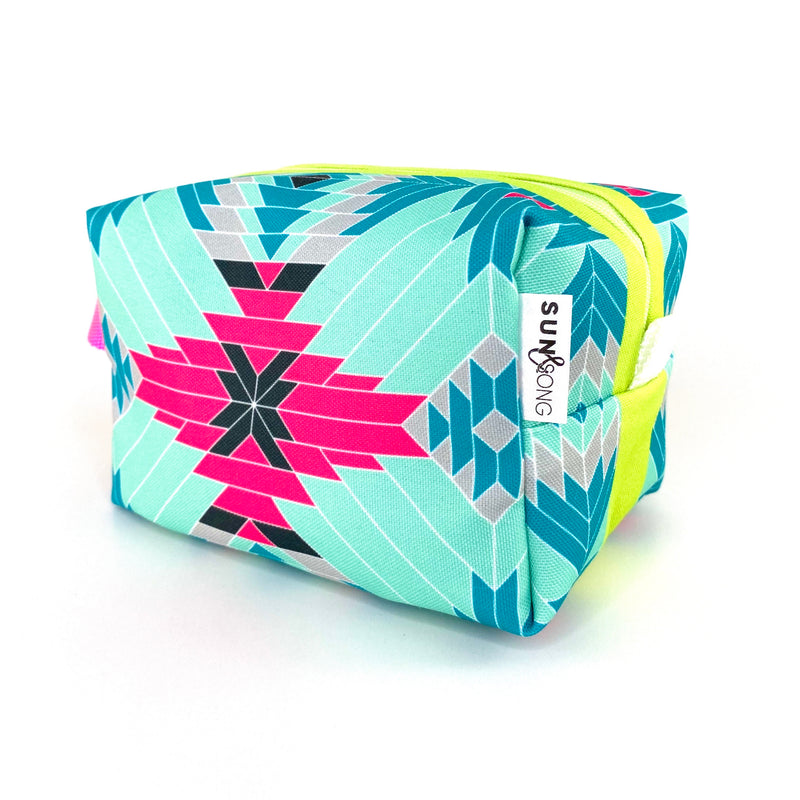 Alluring Aztec in Blue + Pink, Water-Resistant Boxy Toiletry Bag