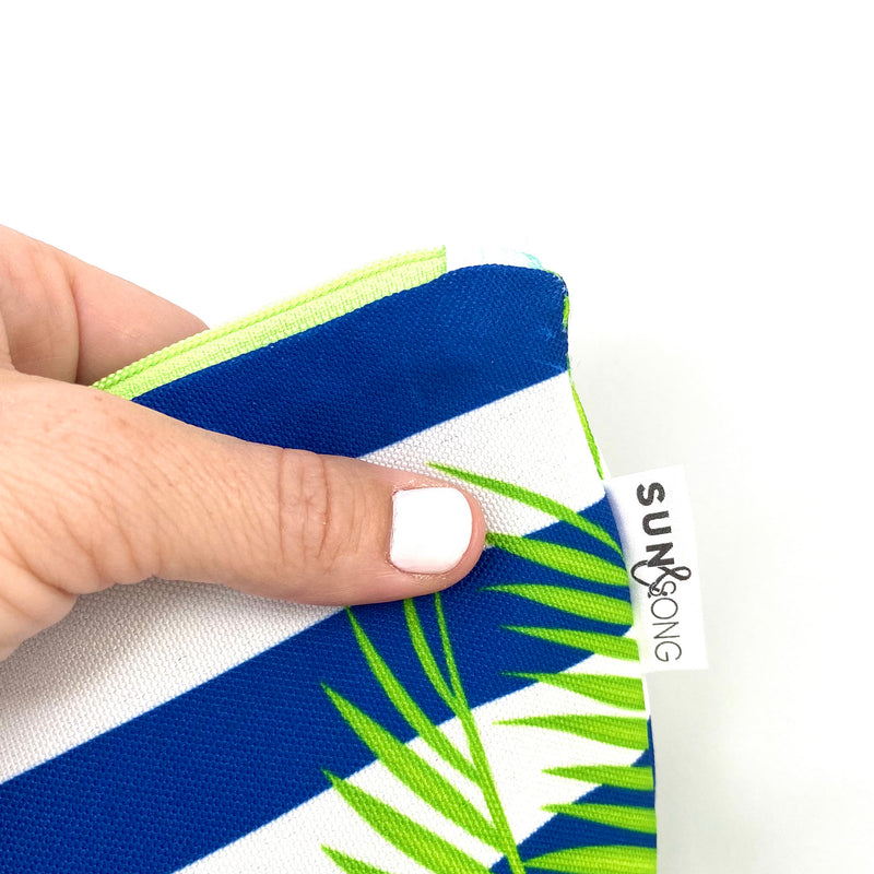 Palm Fronds And Stripes in Blue + Green, Water-Resistant Makeup Bag
