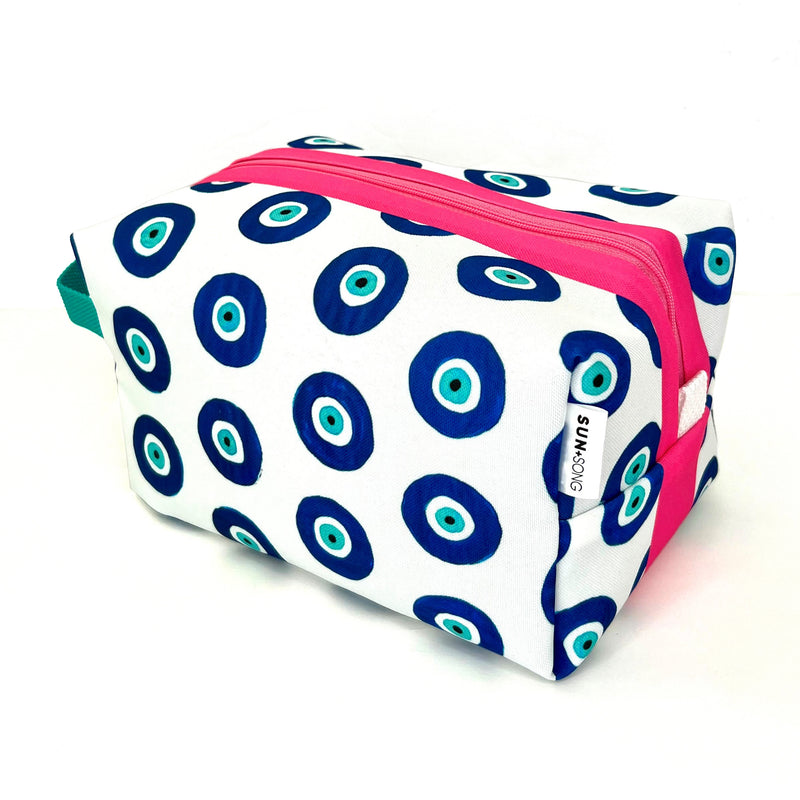 Large - Evil Eyes in Blues, Water-Resistant Boxy Toiletry Bag