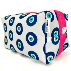 Large - Evil Eyes in Blues, Water-Resistant Boxy Toiletry Bag