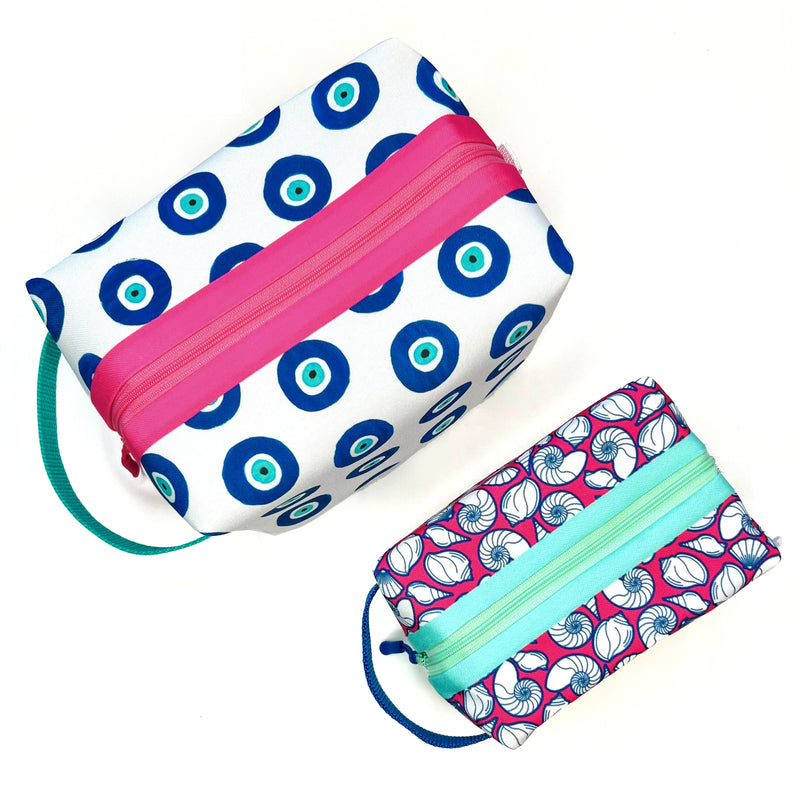 Large - Evil Eyes in Blues, Water-Resistant Boxy Toiletry Bag