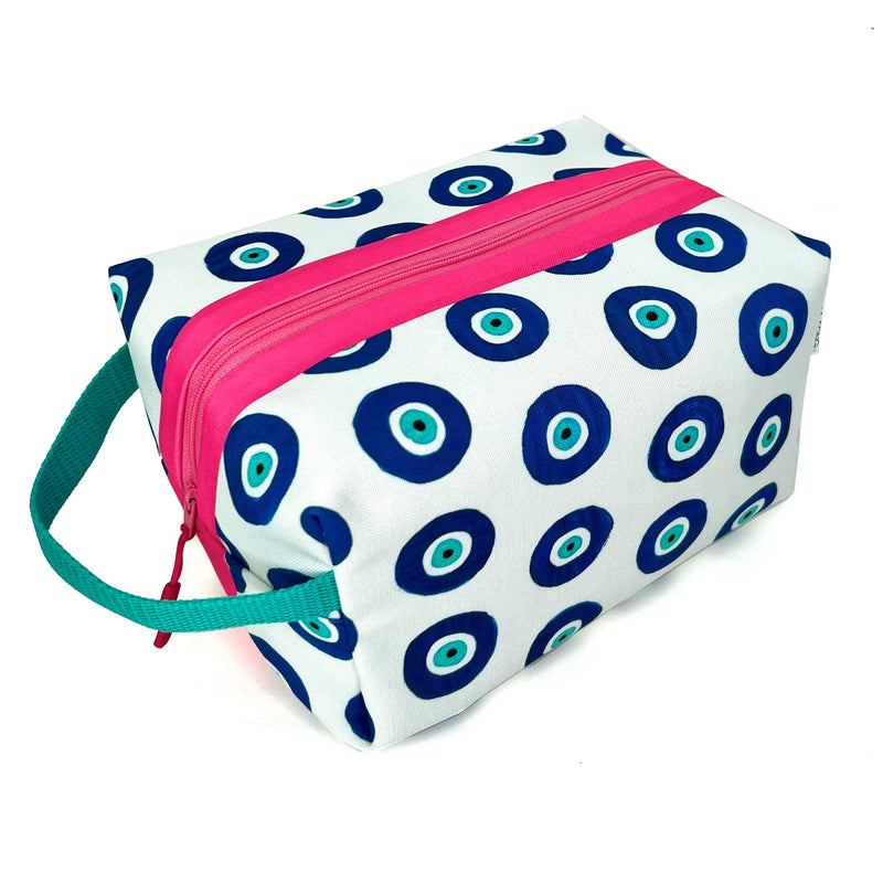 Large - Evil Eyes in Blues, Water-Resistant Boxy Toiletry Bag