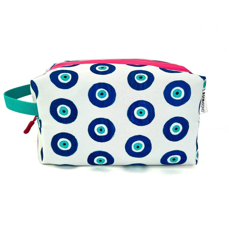 Large - Evil Eyes in Blues, Water-Resistant Boxy Toiletry Bag