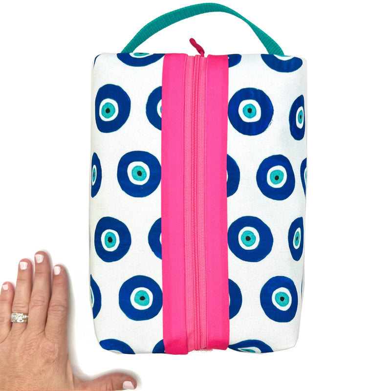 Large - Evil Eyes in Blues, Water-Resistant Boxy Toiletry Bag