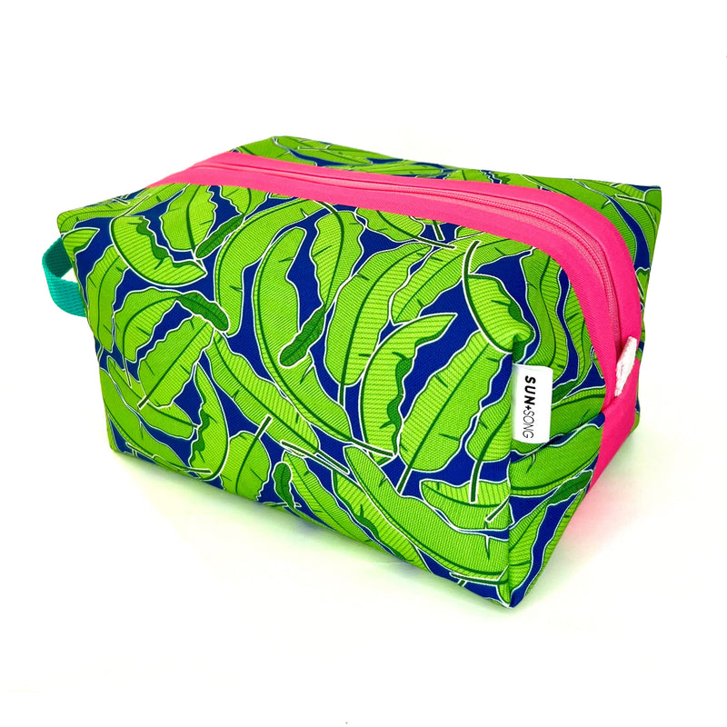 Large - Banana Leaves in Green + Navy, Water-Resistant Boxy Toiletry Bag