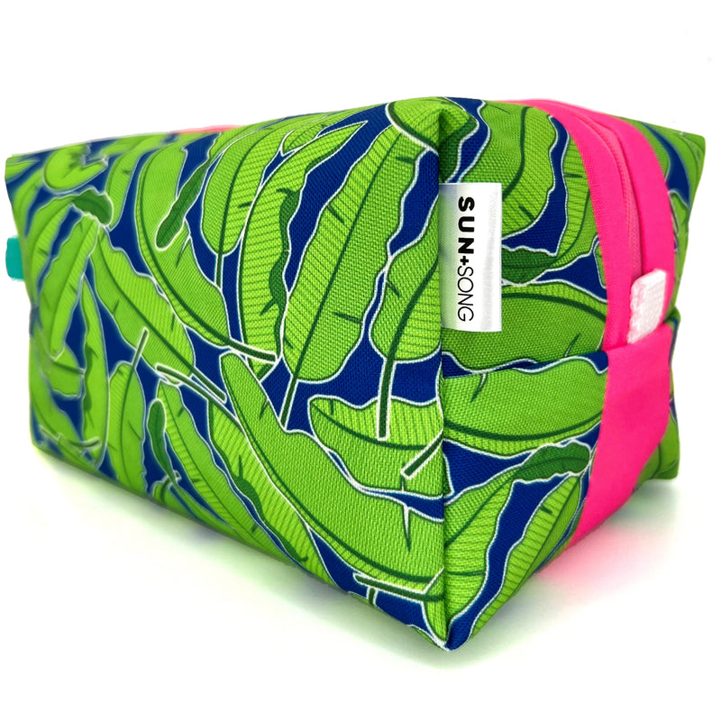 Large - Banana Leaves in Green + Navy, Water-Resistant Boxy Toiletry Bag