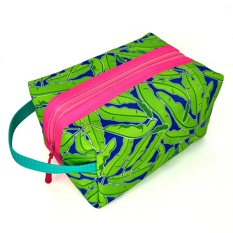 Large - Banana Leaves in Green + Navy, Water-Resistant Boxy Toiletry Bag